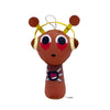 A brown plush toy with yellow ears and a black and white accessory on its body.