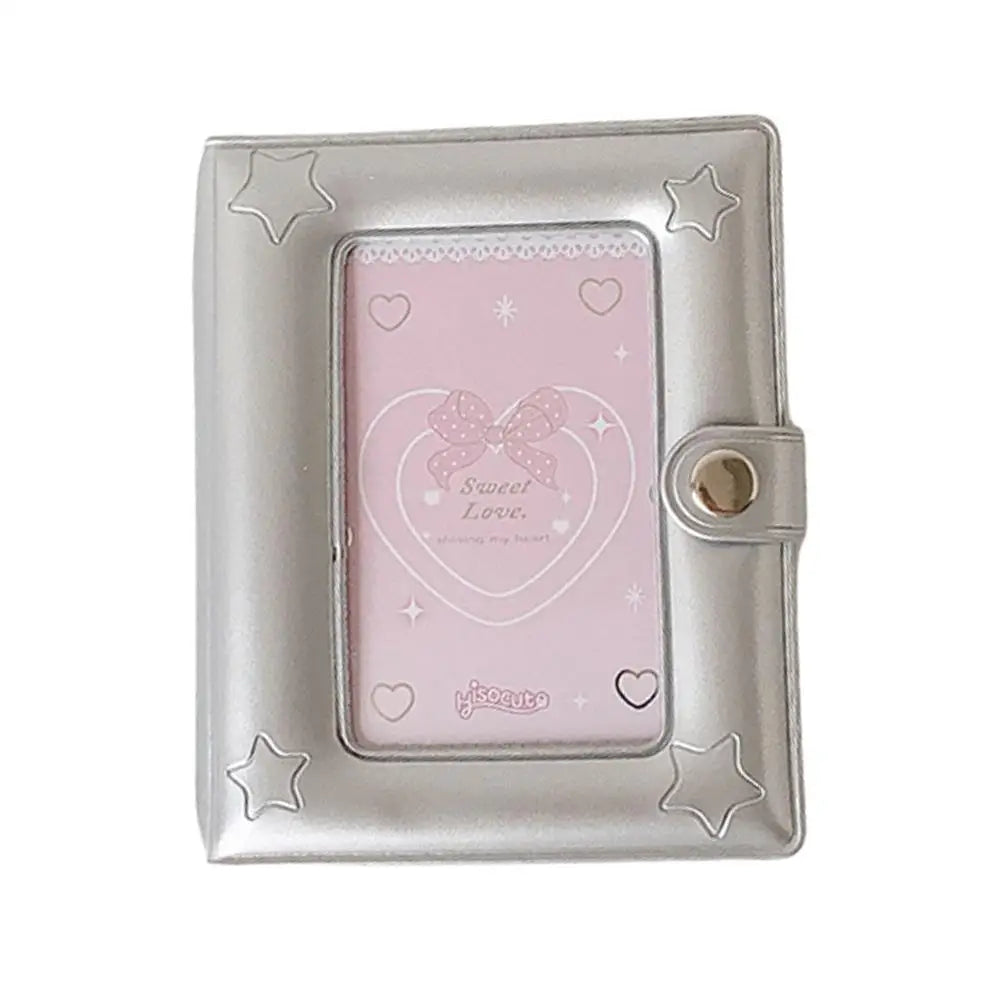 Silver compact photo card holder album with a pink insert featuring a sweet love design