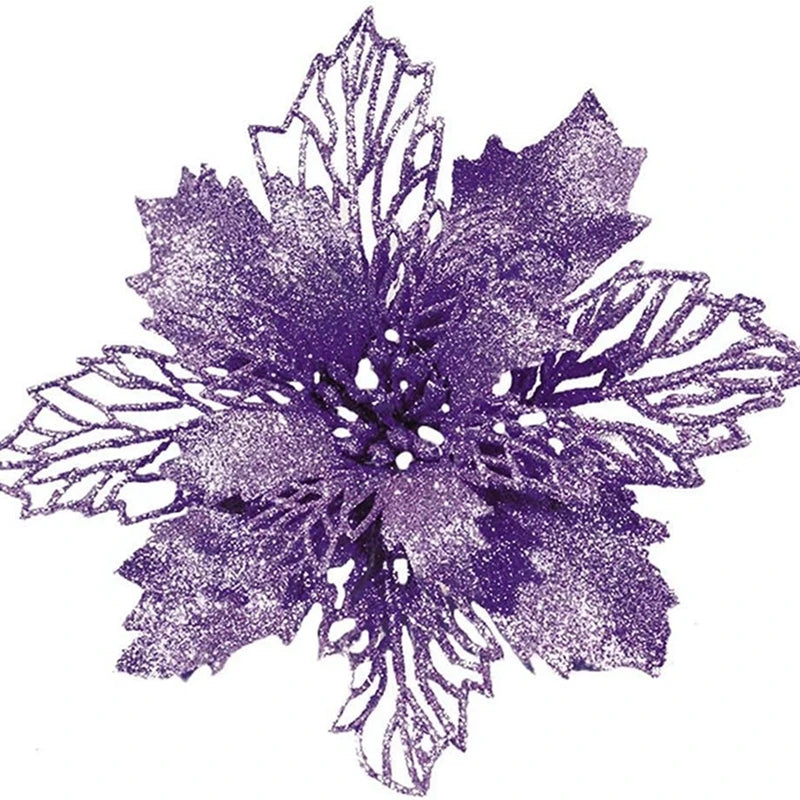 Purple silk artificial Christmas flowers with a gold sparkle finish