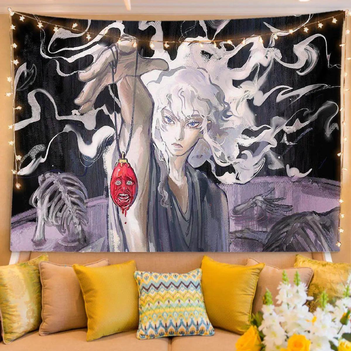 A tapestry featuring a dramatic manga-style illustration of a pale figure with white hair surrounded by swirling smoke and da