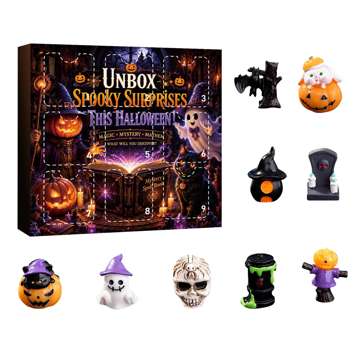 A box for a 24-Day Mystery Resin Figurine Advent Calendar featuring spooky Halloween themed figures.