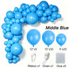 A collection of blue latex balloons and accessories including ribbon, chain, and glue for party decor.