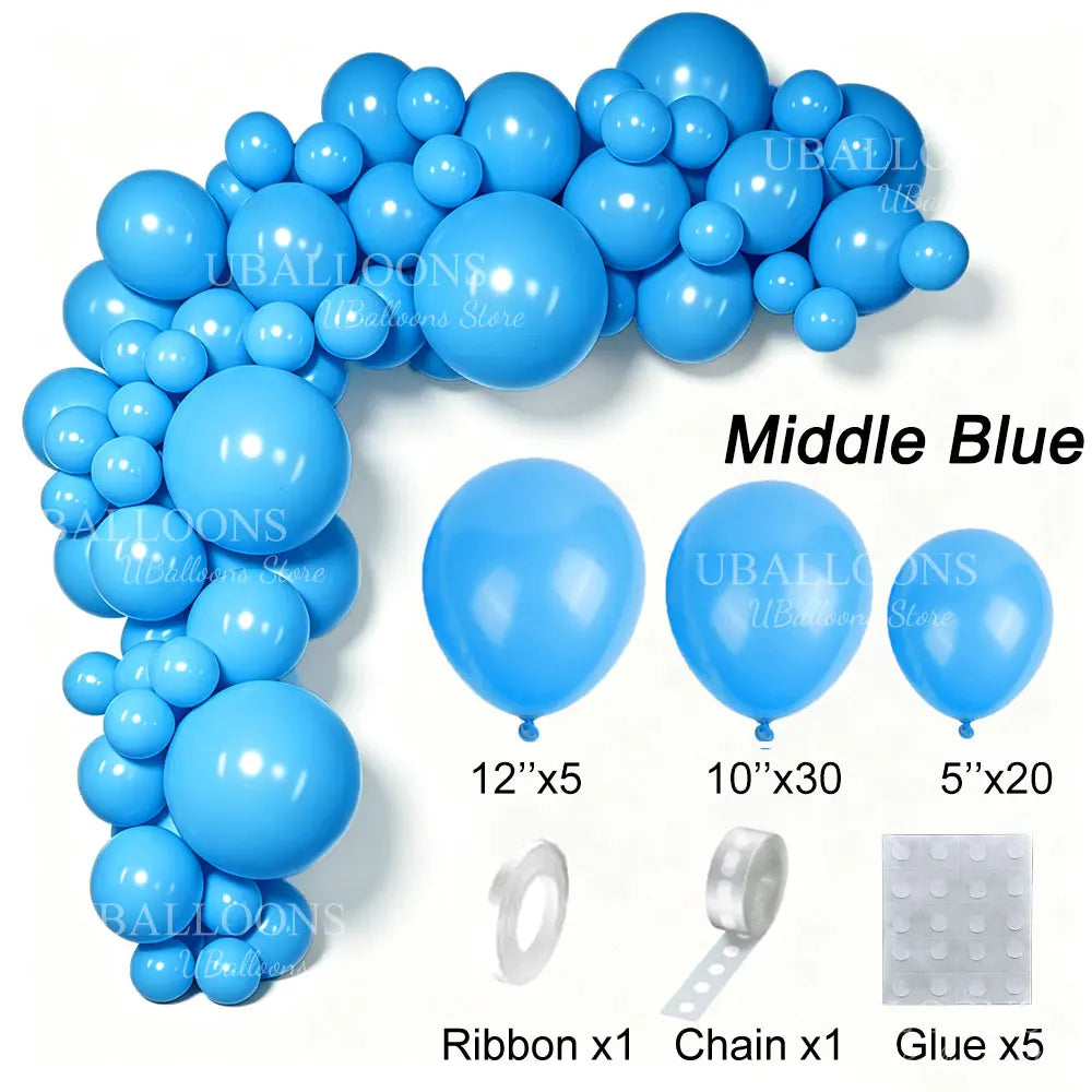 A collection of blue latex balloons and accessories including ribbon, chain, and glue for party decor.