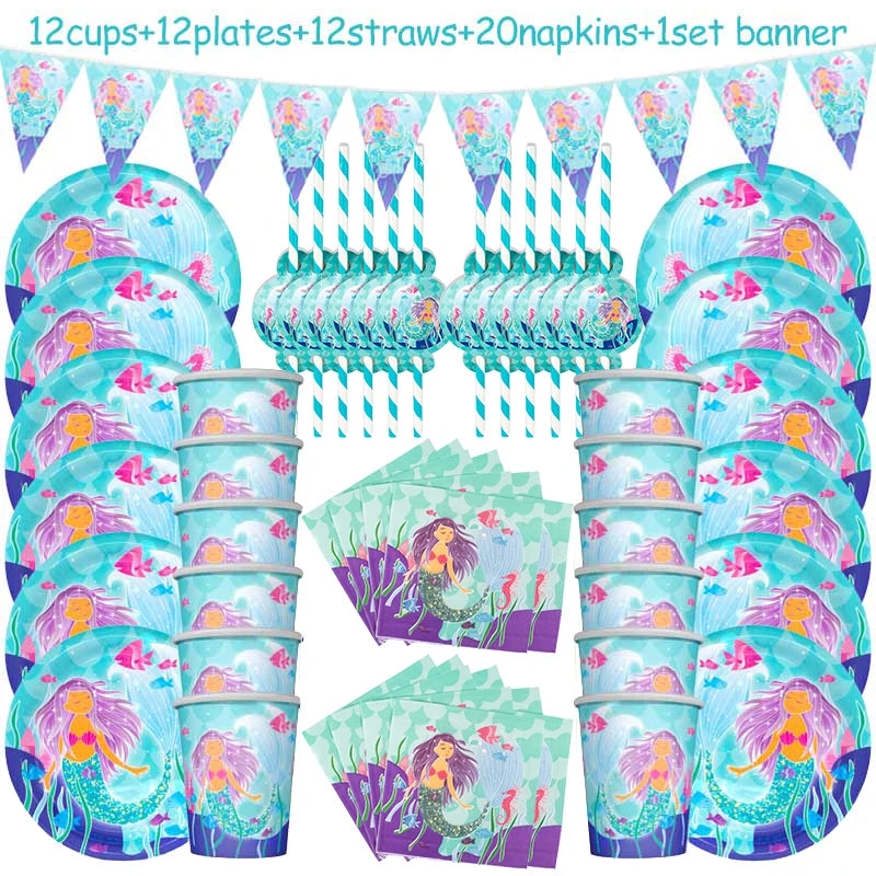 A set of 12 plates, 12 straws, 20 napkins, and a banner for a mermaid party table.