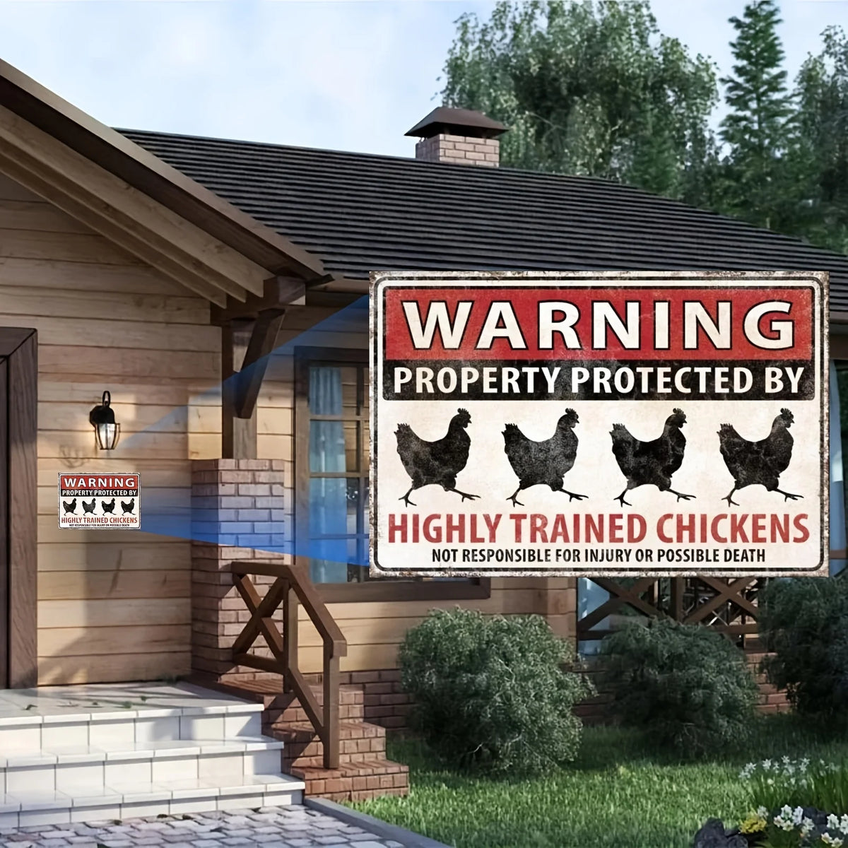 Vintage metal tin sign warning property protected by highly trained chickens