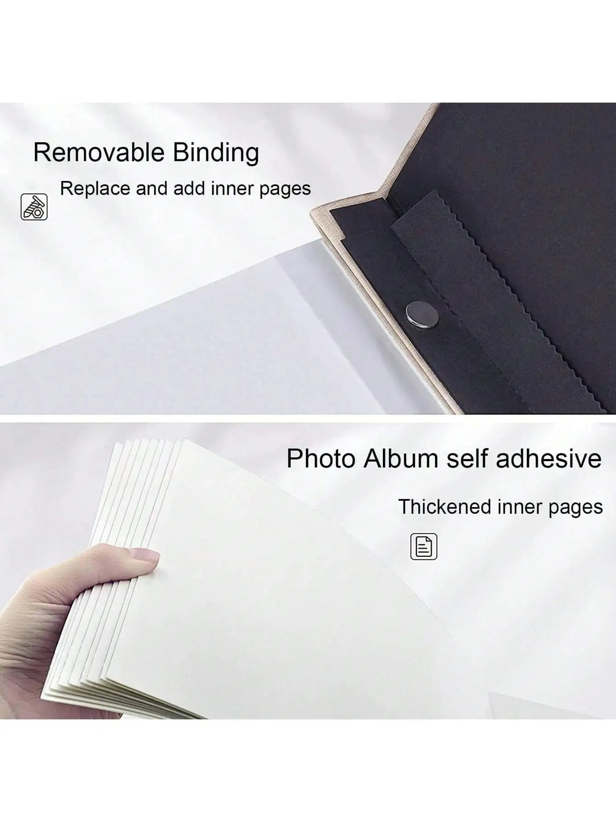 Close-up view showing removable binding and thickened inner pages of a photo album.