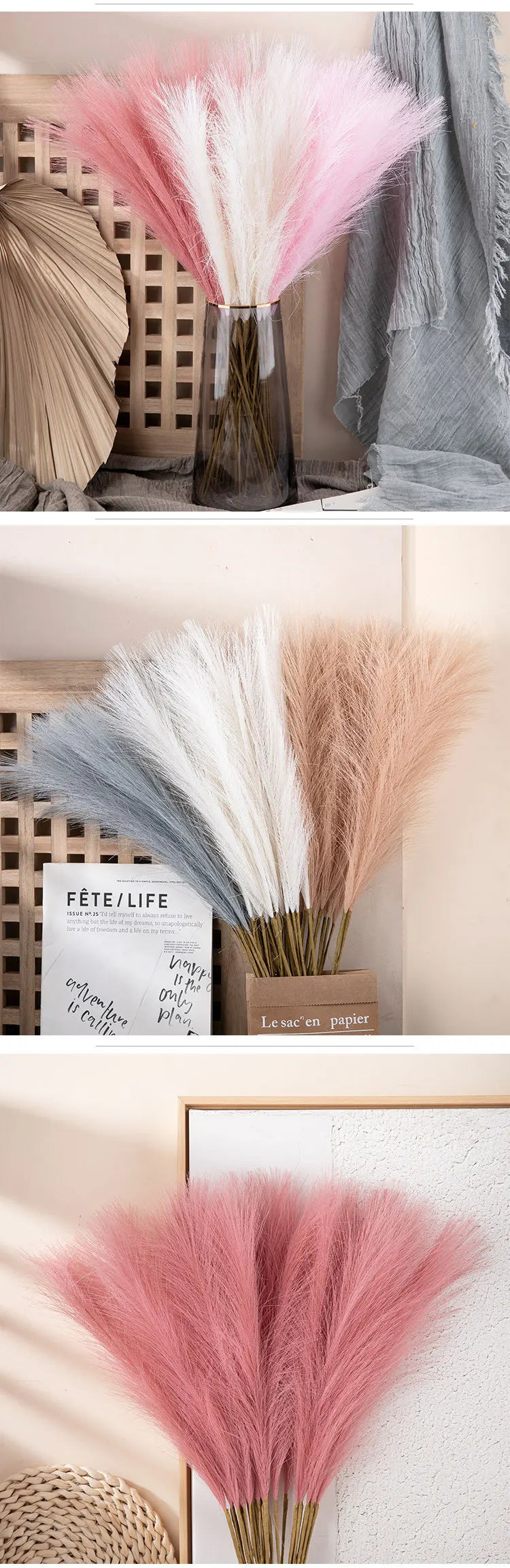 A close-up of pink and white artificial pampas grass stems displayed in various arrangements.