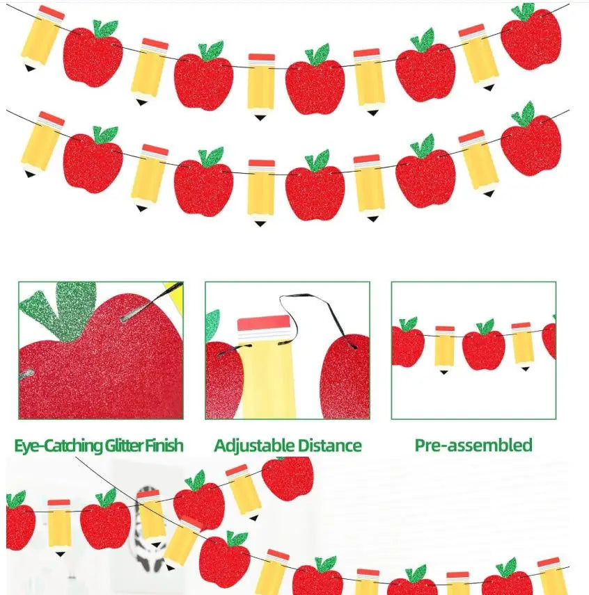 Red apple and pencil bunting banner with glitter finish and adjustable distance