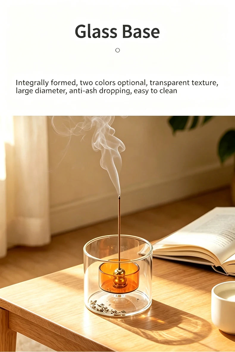 A glass base incense burner with a gourd-shaped top and ash catcher is shown on a wooden table.