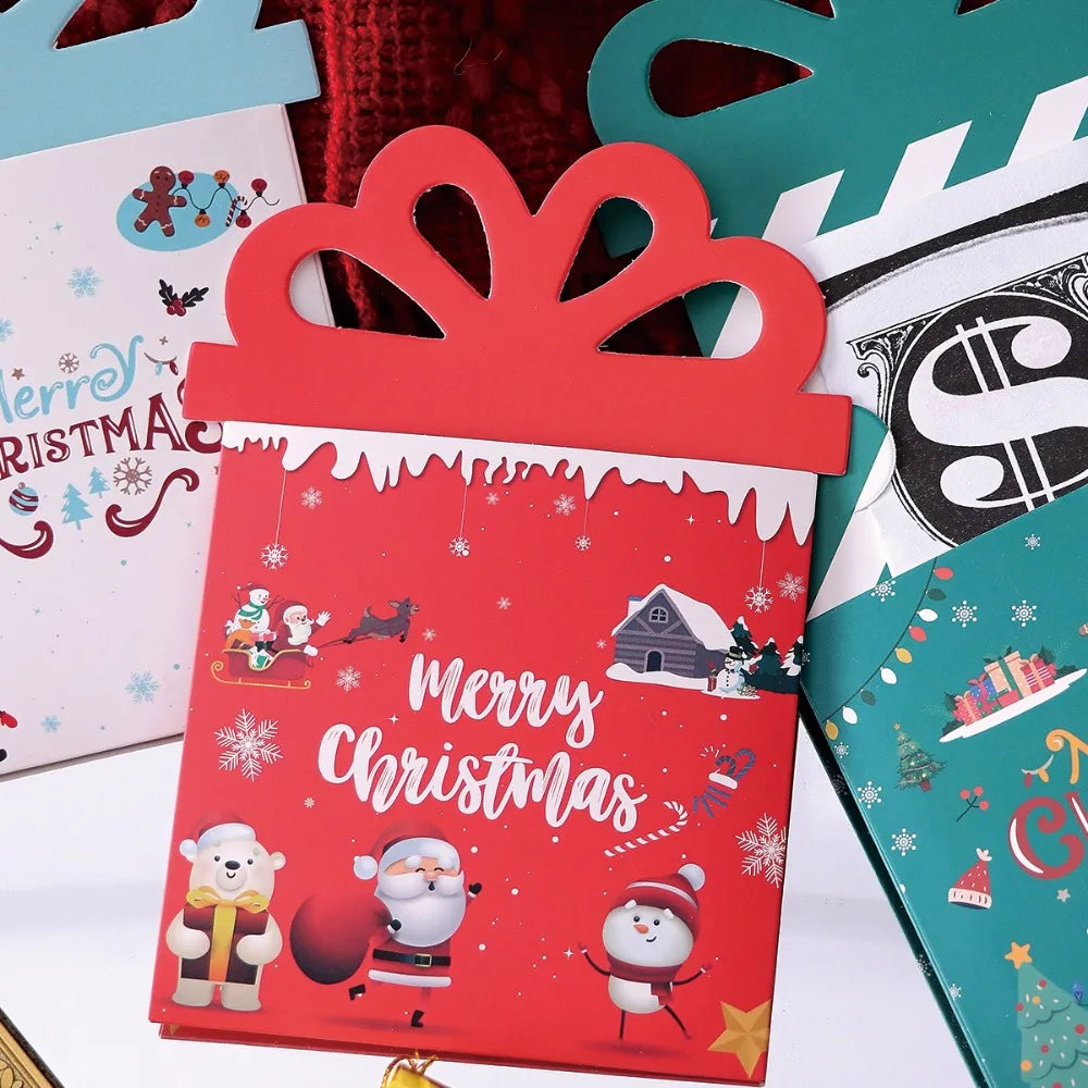 A set of three red and green cartoon Christmas thank you cards with festive designs displayed together.