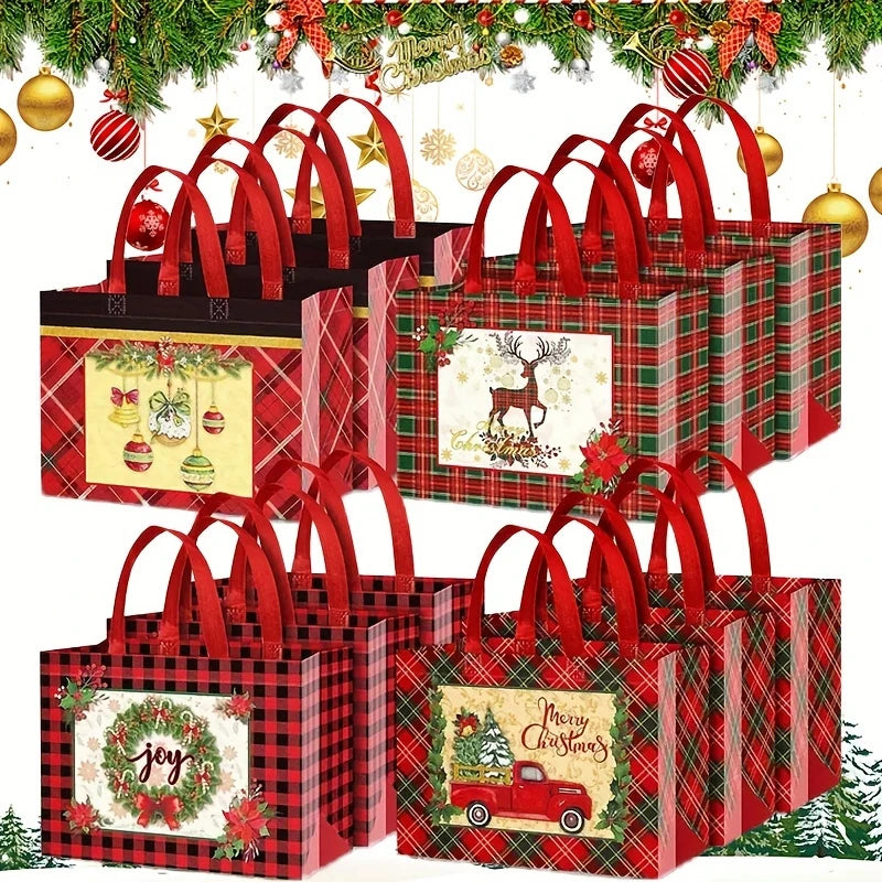 Red and green plaid gift bags with handles decorated for Christmas holiday wrapping
