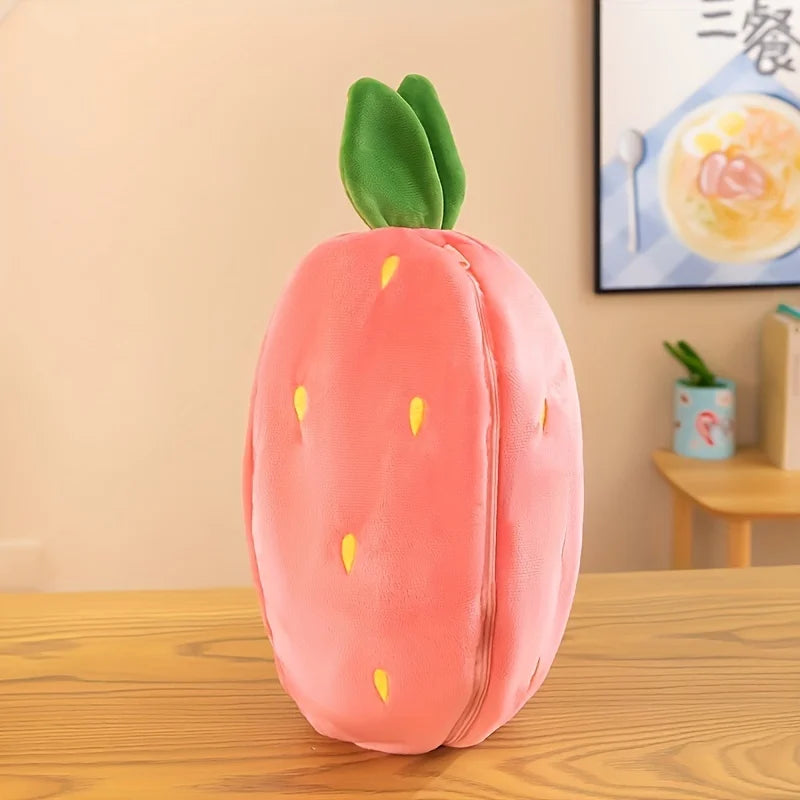 A pink plush strawberry shaped pillow with yellow dots, resting on a wooden table.