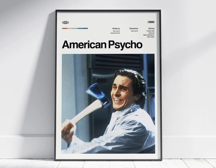 A poster titled American Psycho featuring a close-up portrait of actor Christian Bale.