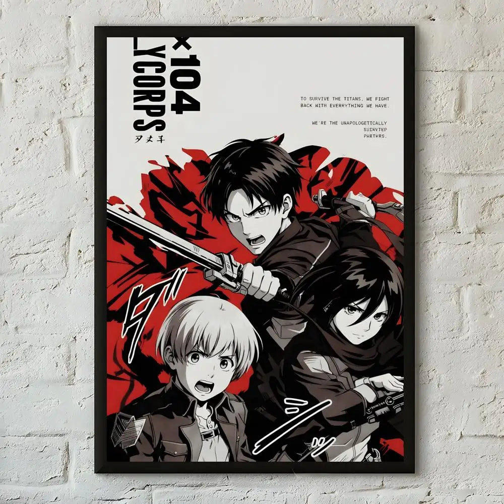 A poster featuring characters from Attack on Titan in a dramatic red and black style with the title 104 Corps.