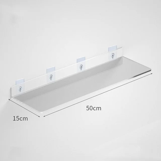 Clear acrylic floating shelf with wall mounts, measuring 50cm long and 15cm deep.