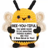 Handmade crochet bee baseball bat doll with a positivity card