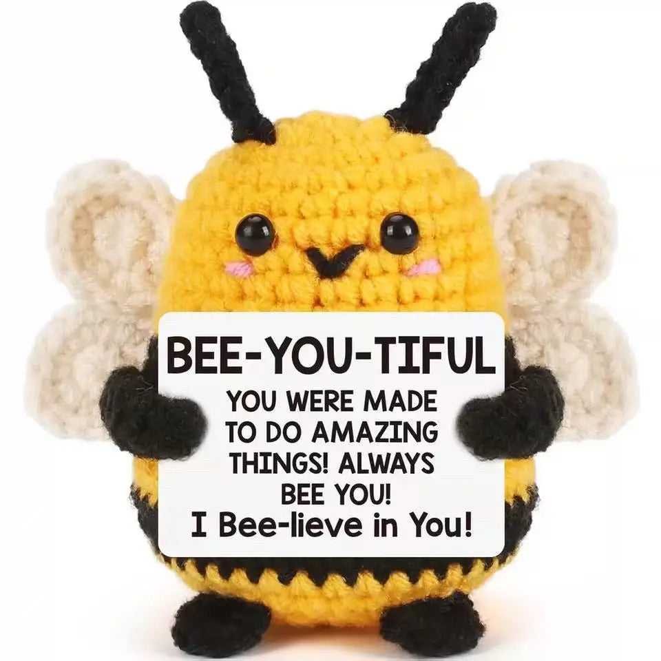 Handmade crochet bee baseball bat doll with a positivity card