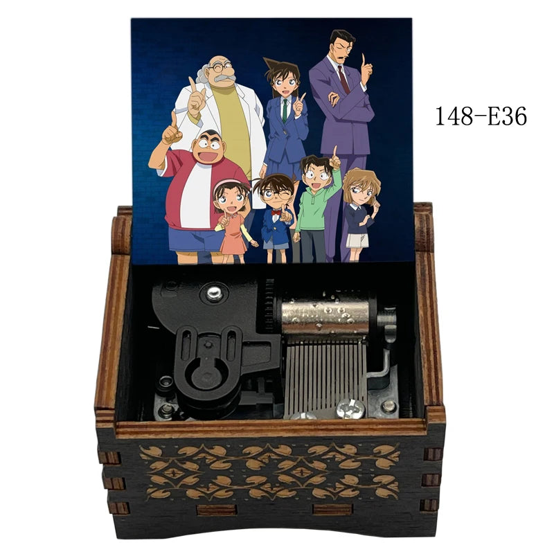 A wooden music box featuring an anime scene of Detective Conan characters and a miniature mechanical component.