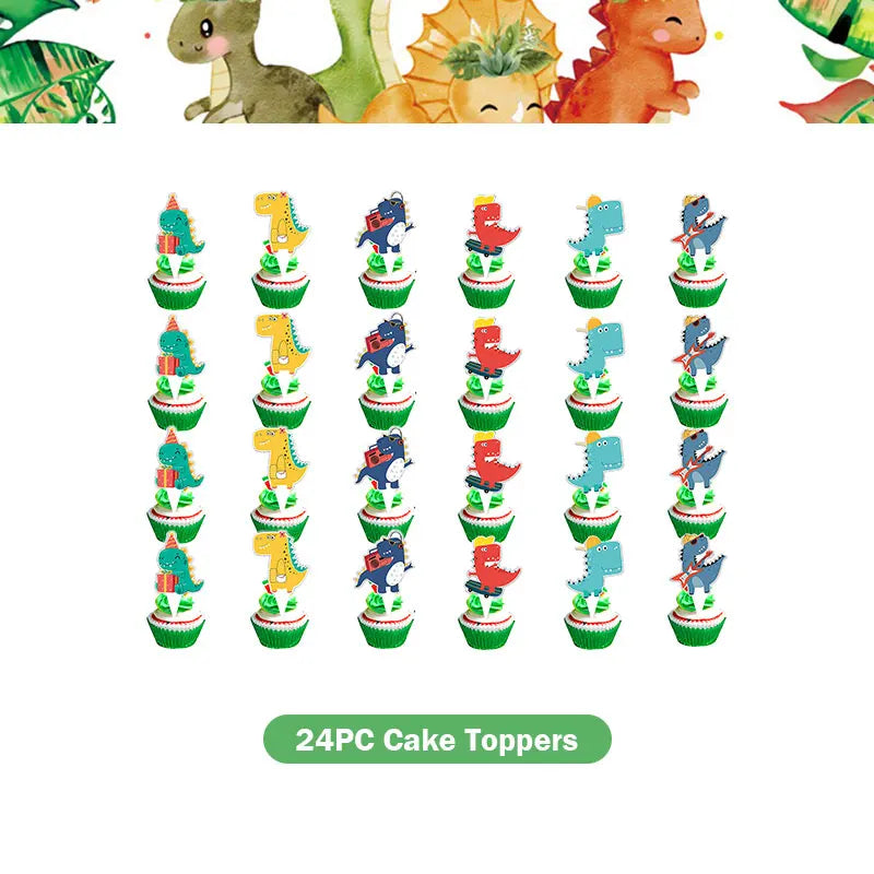 A set of 24 plastic dinosaur cake toppers for birthday parties.