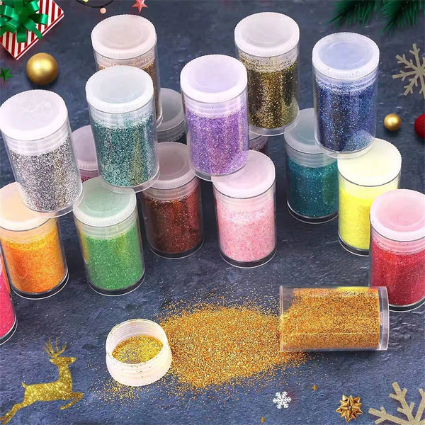 A collection of 32 colorful glitter mixes in various shades are displayed on a dark surface for nail art and DIY crafts.