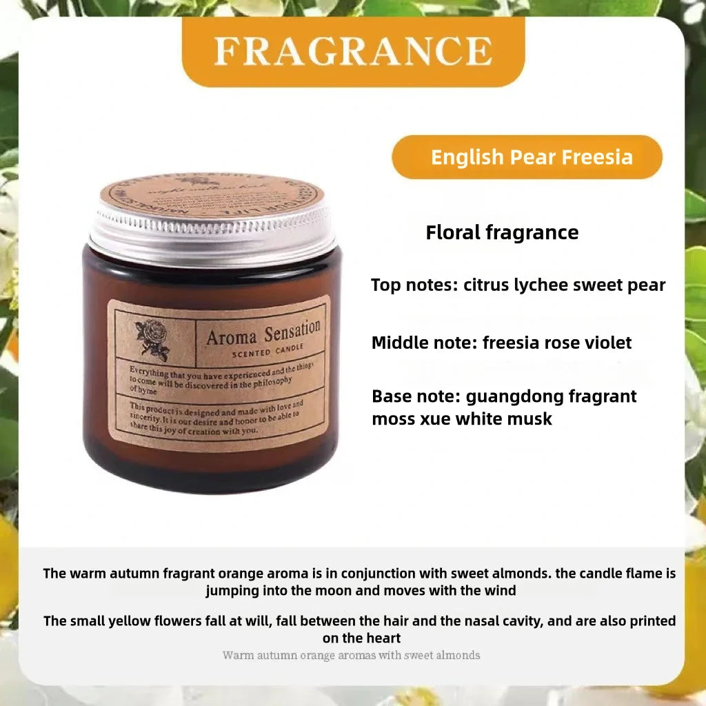 A jar of fragrance oil for a candle featuring a brown label and a silver lid.