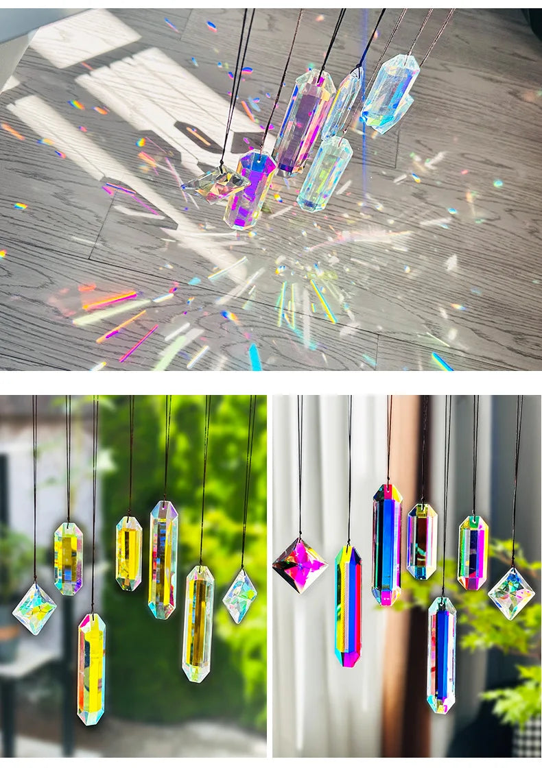 A set of seven crystal prism sun catchers hanging, catching sunlight and creating colorful light patterns.