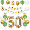 A set of green and gold birthday balloons and banner for a 50th birthday celebration.