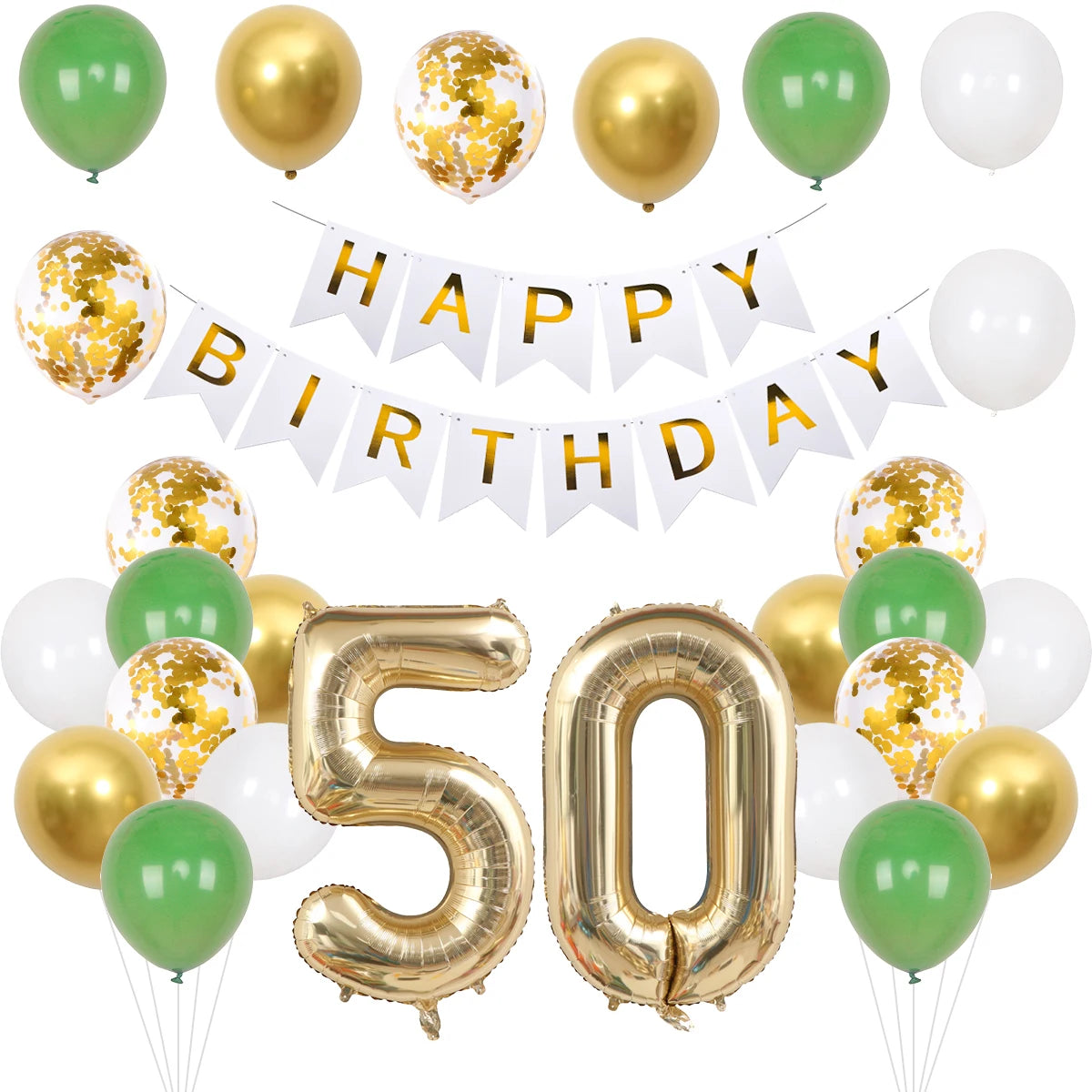 A set of green and gold birthday balloons and banner for a 50th birthday celebration.