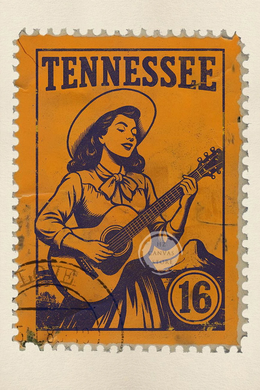 Vintage Tennessee postage stamp featuring a woman playing a guitar.