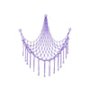 A purple multi-use storage hammock for toys and plushies, suspended in a decorative net shape.