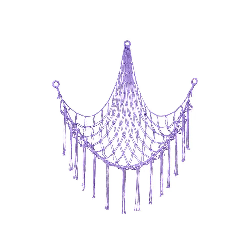 A purple multi-use storage hammock for toys and plushies, suspended in a decorative net shape.