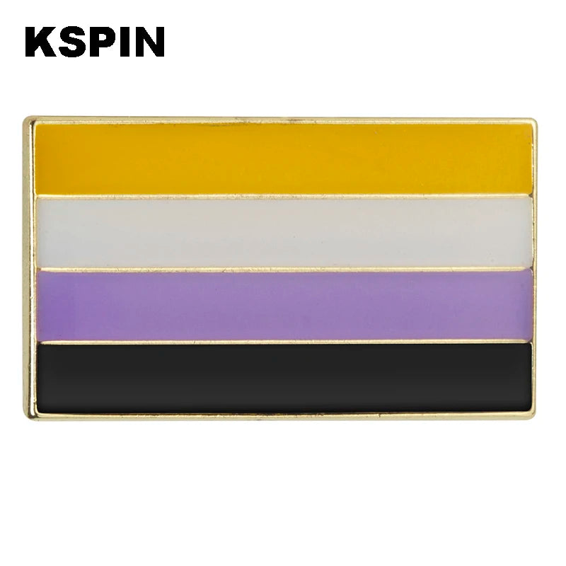 A rectangular lapel pin featuring five horizontal stripes of yellow, white, purple, black, and a gold border.