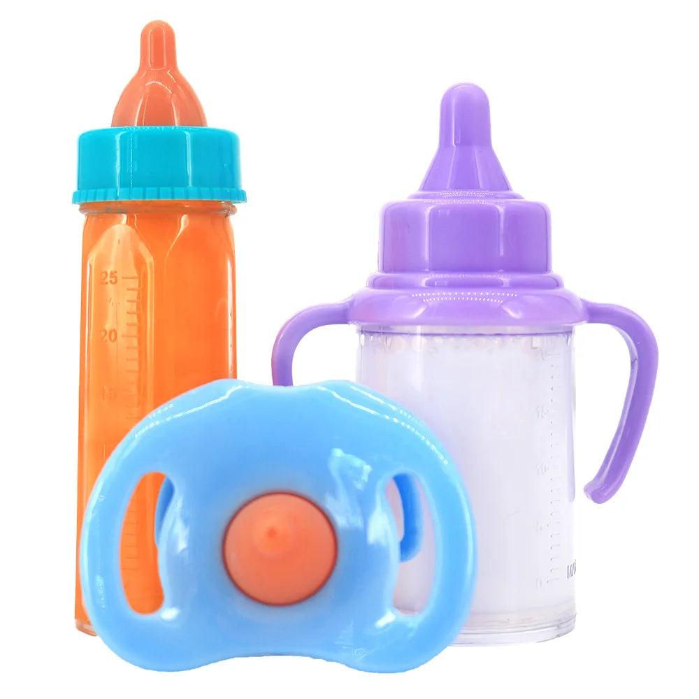 An orange baby bottle and a purple baby bottle with a silicone feeding accessory.