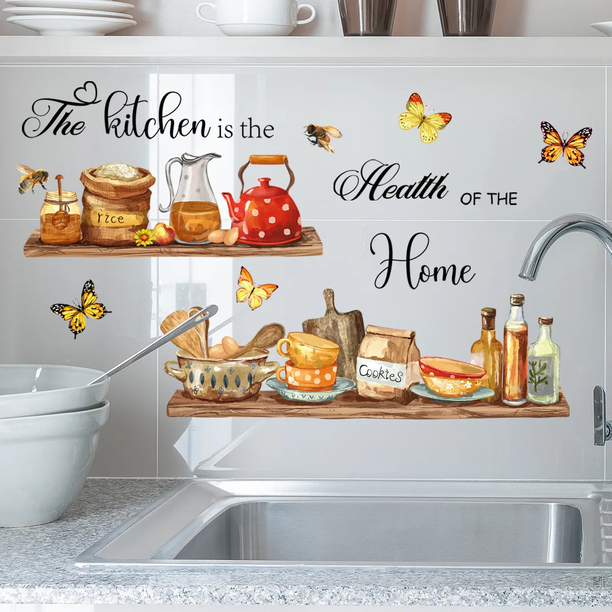 A white cabinet features butterfly wall decals and kitchen decor elements like a teapot, spices, and baked goods.