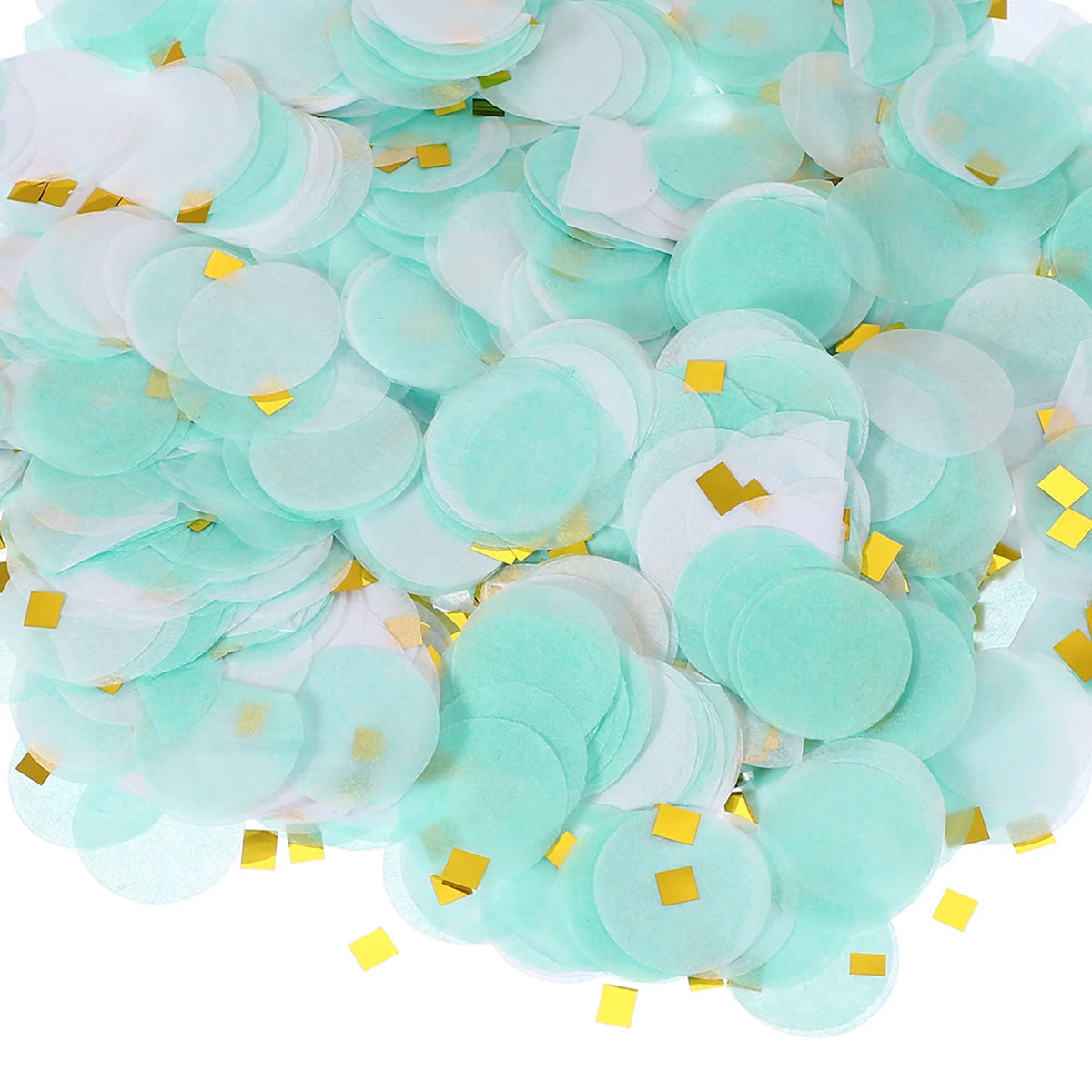 A pile of round tissue paper confetti dots in light mint green and white with gold accents.