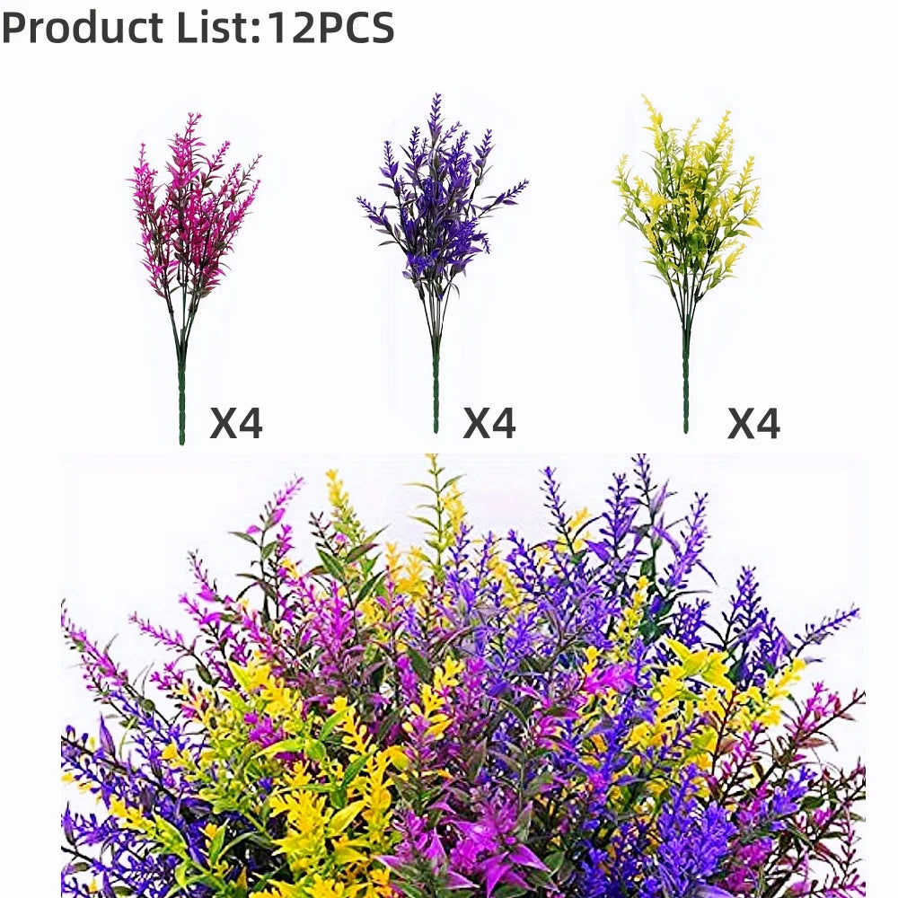 A collection of four artificial lavender stems in purple, blue, and yellow for outdoor decoration.