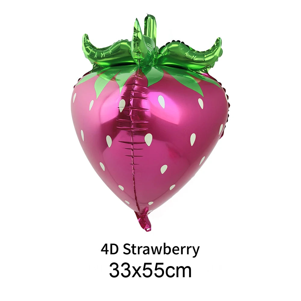 A glossy pink 4D strawberry balloon with green leaves and a pink stem.