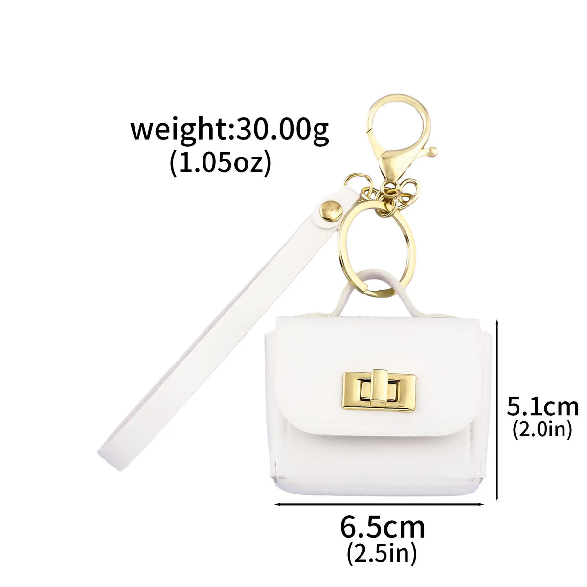 A white mini leather openable bag with a gold-tone keychain attached to a white strap.