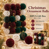 A box of 30 velvet Christmas ornament balls in shades of red, green, and white for holiday decor.