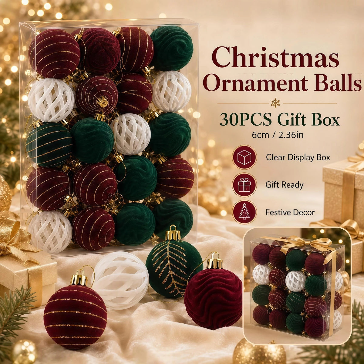 A box of 30 velvet Christmas ornament balls in shades of red, green, and white for holiday decor.