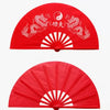 Red traditional bamboo folding fan with yin-yang symbols and dragon designs for martial arts