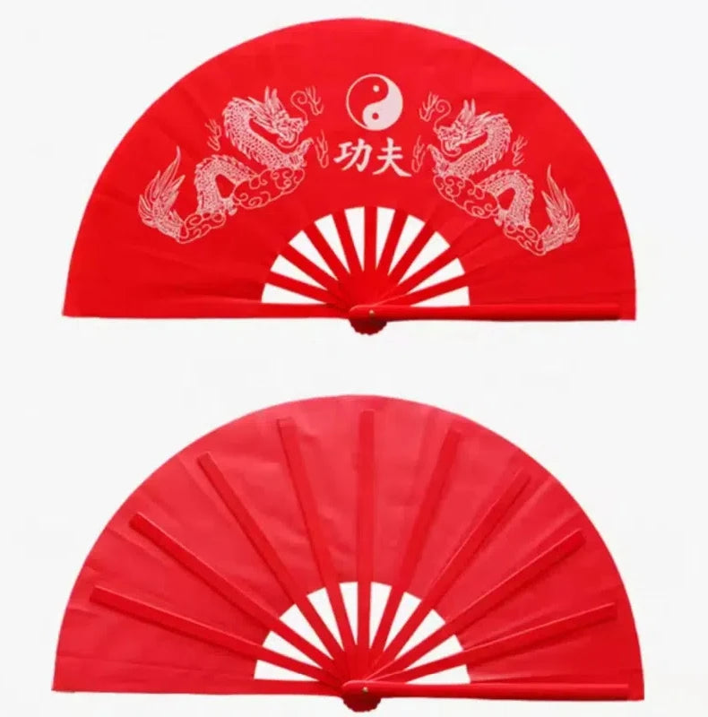 Red traditional bamboo folding fan with yin-yang symbols and dragon designs for martial arts