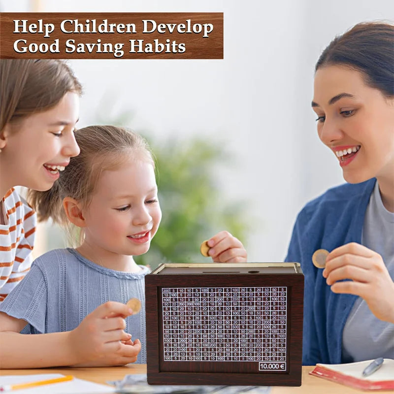 A woman and two children are shown interacting with a wooden piggy bank for saving goals.