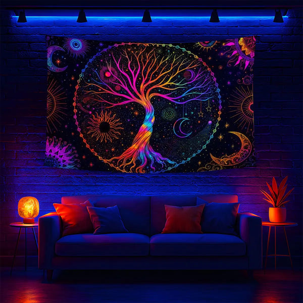 A vibrant tapestry depicting a tree of life with colorful roots against a starry sky and celestial elements.