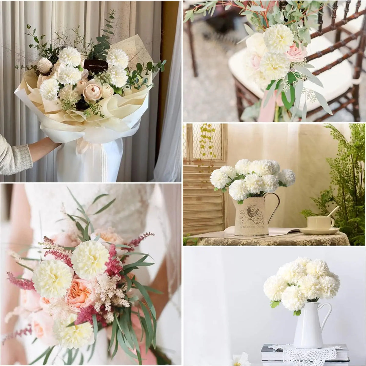 A collection of artificial white and pink chrysanthemum flower balls used for weddings and home decor.