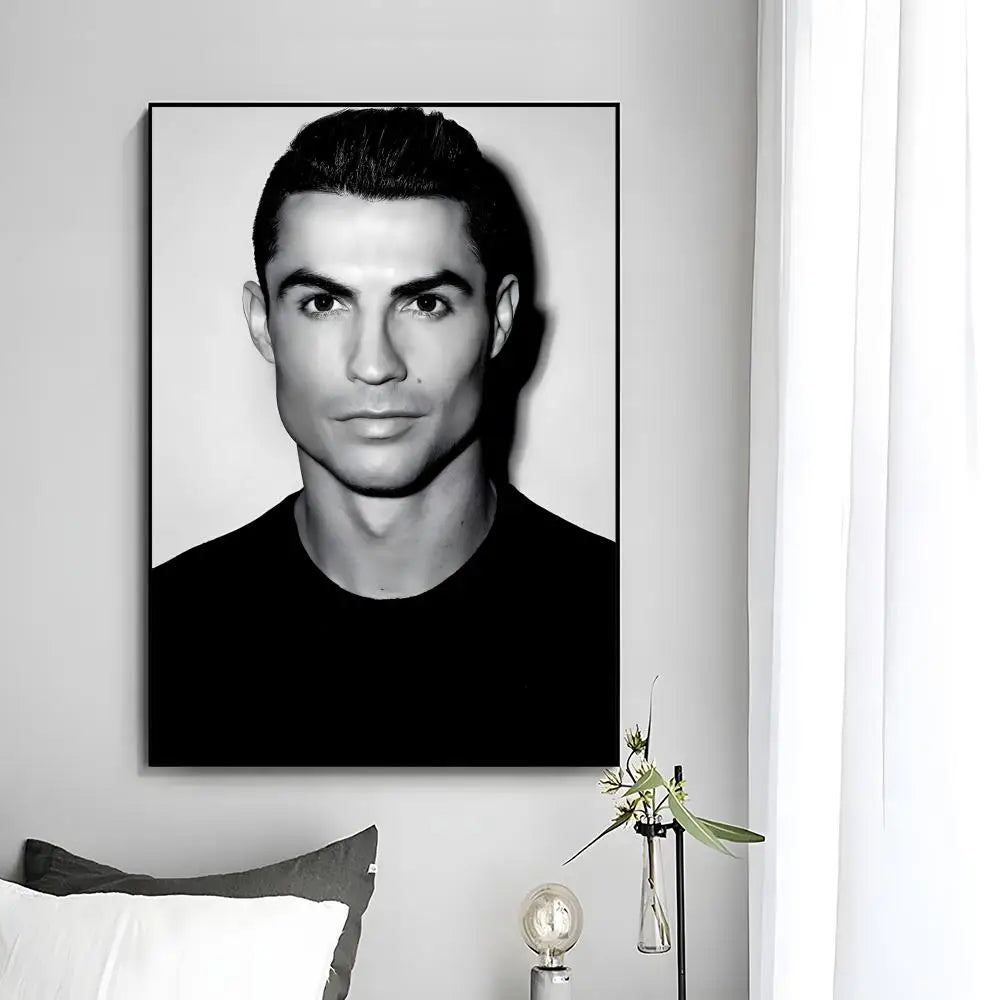 A black and white portrait of Cristiano Ronaldo as modern wall art print.
