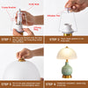 Step-by-step instructions showing how to assemble and install a retro farmhouse ceramic table lamp.