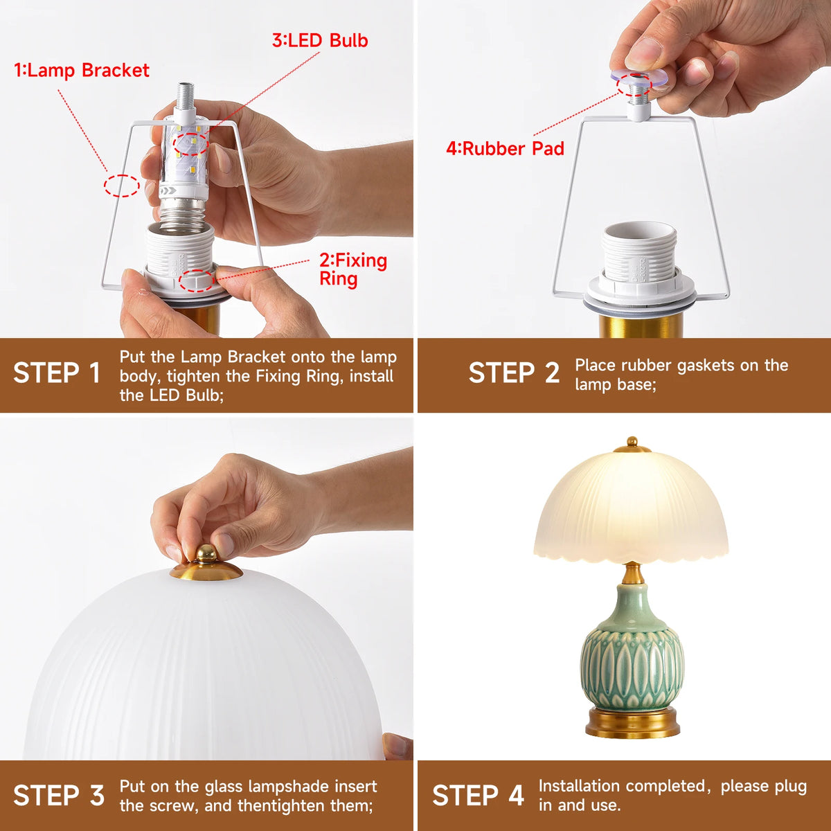 Step-by-step instructions showing how to assemble and install a retro farmhouse ceramic table lamp.