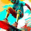 A dynamic illustration of a young man skateboarding against a vibrant yellow and cyan background with splashes of red paint.
