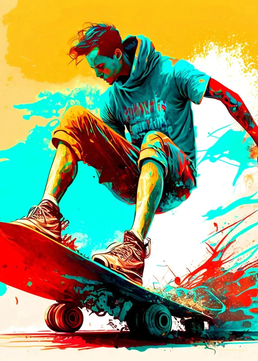 A dynamic illustration of a young man skateboarding against a vibrant yellow and cyan background with splashes of red paint.